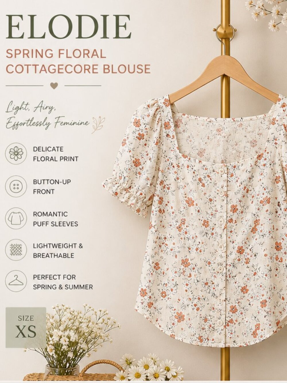 Elodie Spring Floral Cottagecore Square Neck Button-Up Blouse Size XS
